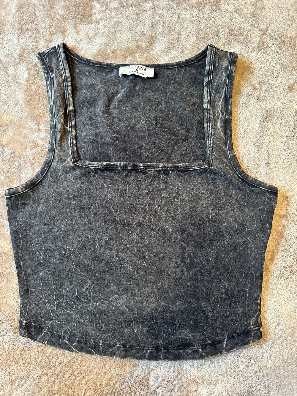New Zenana Mineral Wash Square Neck Crop Tank Top Charcoal Gray Size M